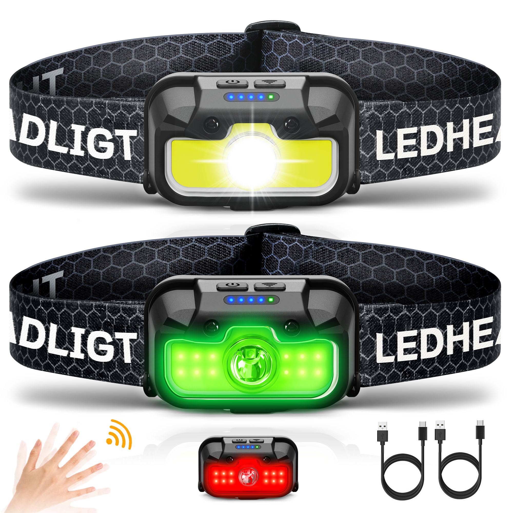 Photo 1 of HOKOILN Headlamp Rechargeable 2 Pack, 1300 Lumen Ultra-Bright Head Lamp with Red Light, Waterproof Motion Sensor Head Lights for Forehead with White Green, 14 Modes Adjustable Headlight for Camping