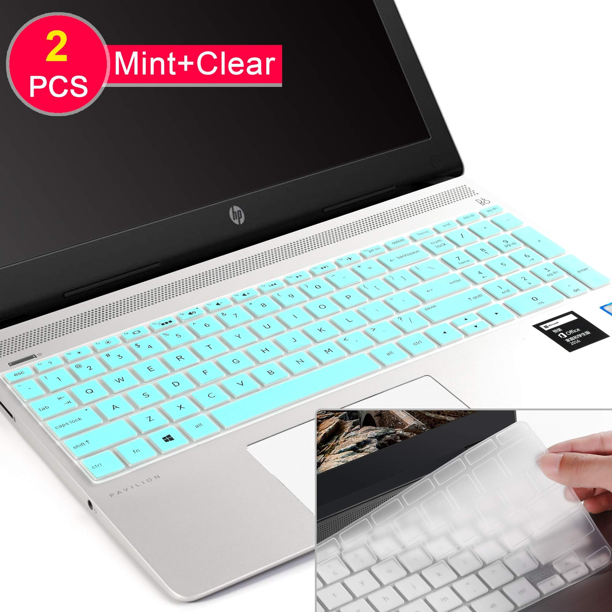 [2Pcs] Keyboard Cover Skin for hp Envy 17 Series/HP Laptop 17t 17-BS/BW/CA/by,HP Pavilion X360 15.6 inch,Envy x360 15m-bp/bq,HP Spectre x360 15-ch011dx,Pavilion 15-cb/cc/cd 15-bw 16-bs,Mint+Clear