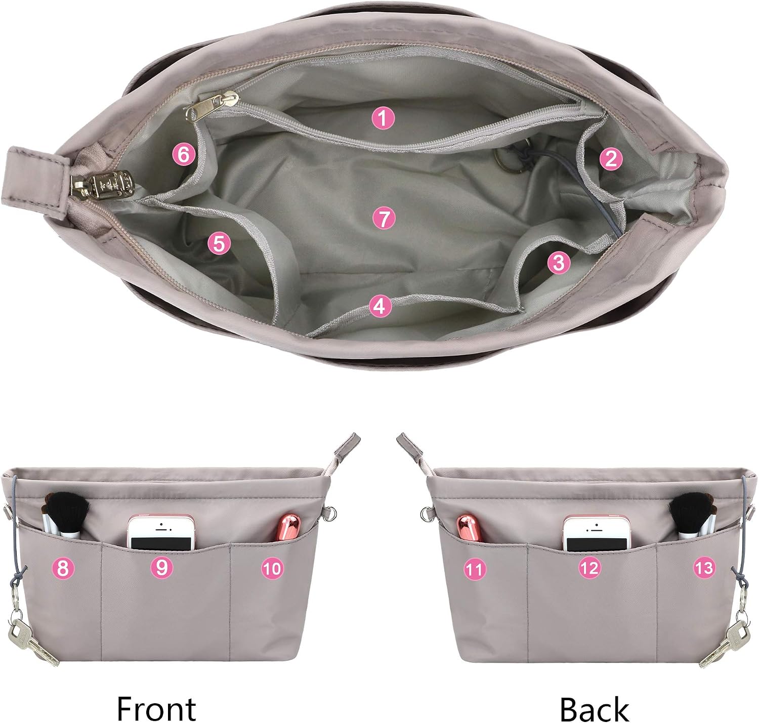 HyFanStr Bag Organizer for Longchamp Le Pliage Large Tote Bag Organizer with Zipper for Women Handbag Organizer Inside Liner with 13 Pockets (Grau - Image 3