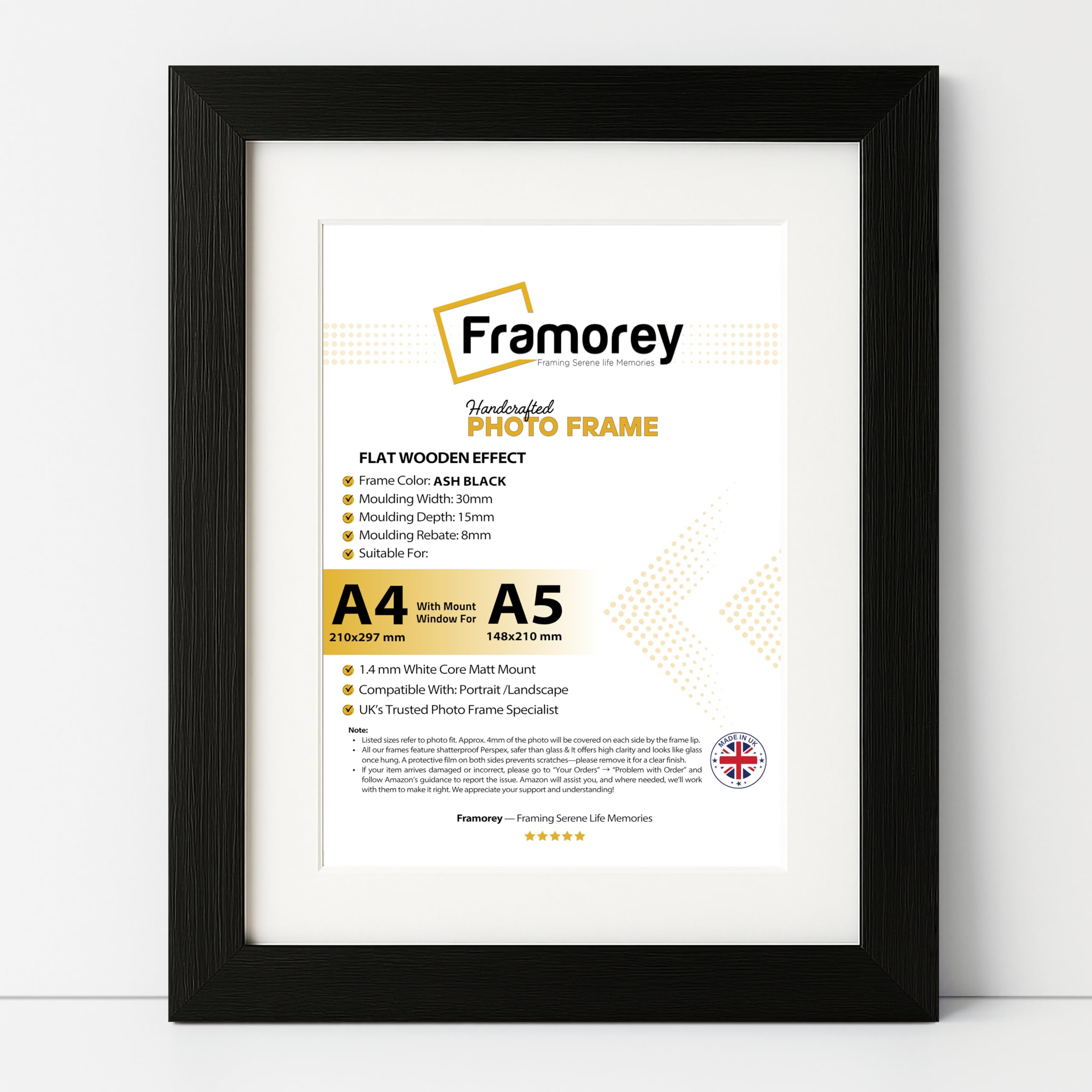 FRAMOREY A4 Black Picture Frame, Engineered Wood and Plexiglass, A4 Frame with Mount for A5 Prints, Photos, 21x30 cm Wooden Photo Frames, Certificate Frame for Wall Mount, For Table Decoration