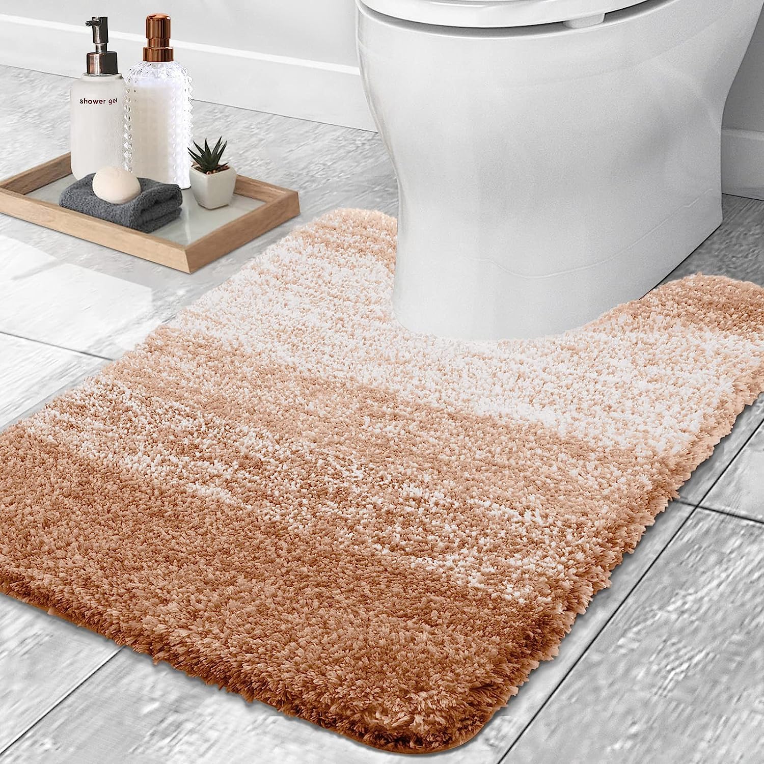 smiry Microfiber U-Shape Toilet Mat, Non-Slip Shaggy Soft Pedestal Mat for Bathroom, Water Absorbent bath mat, 50 x 60 cm, Beige — image 1