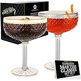 VEMACITY - Embossed Espresso Martini Glasses Set of 2 (10oz) - Gold Rim Coupe Glasses for Cocktails, Champagne & Margaritas - Vintage Art Deco Design | Ideal for Martinis and Margaritas