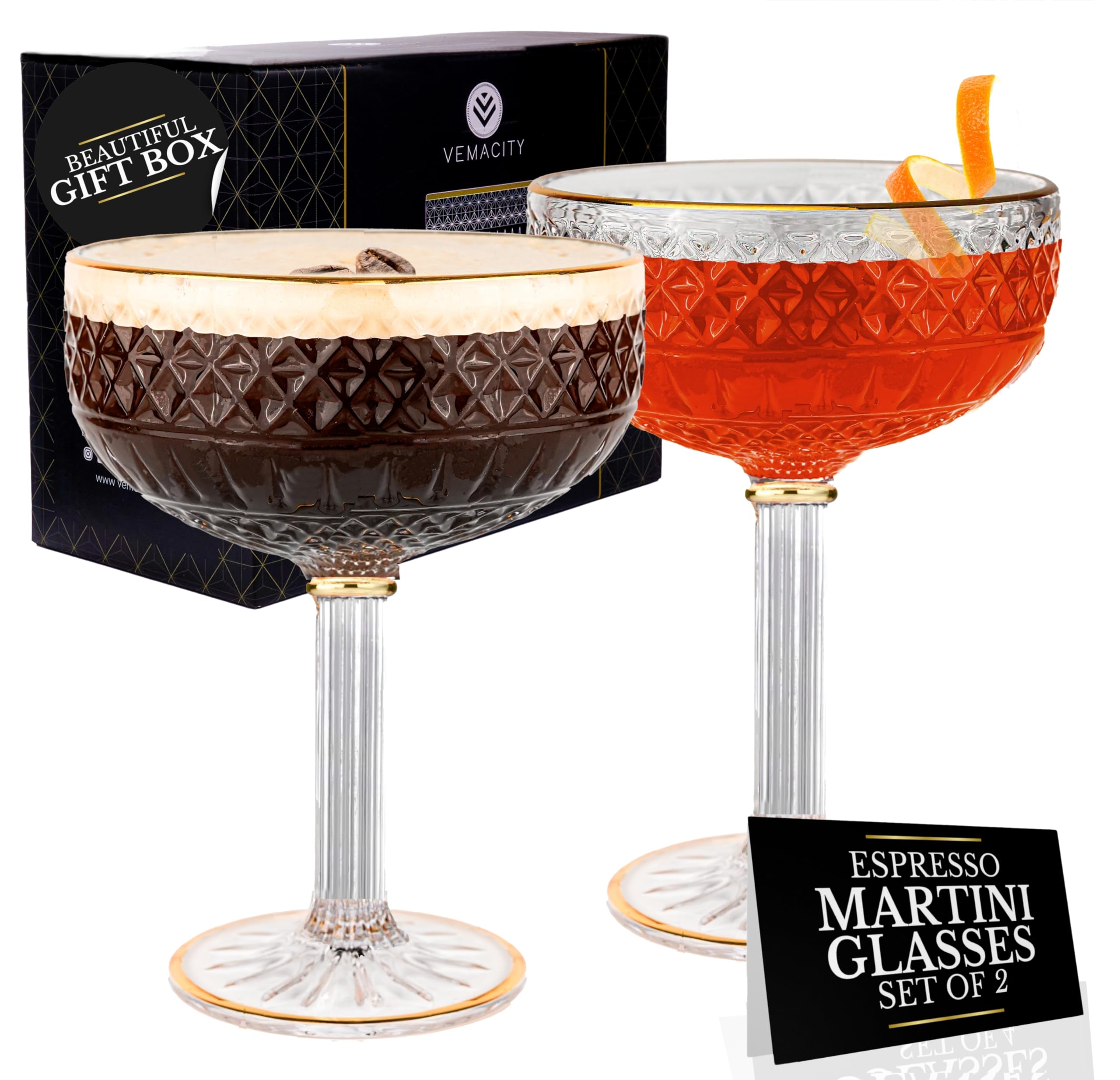 Art Deco Espresso Martini Glasses with Gold Rims (300ml) | Coupe Cocktail Glasses Set of 2 | Handmade Crystal | Quality Champagne Coupe/Champagne Saucers | Large Cocktail Glass | Ideal for Gifting