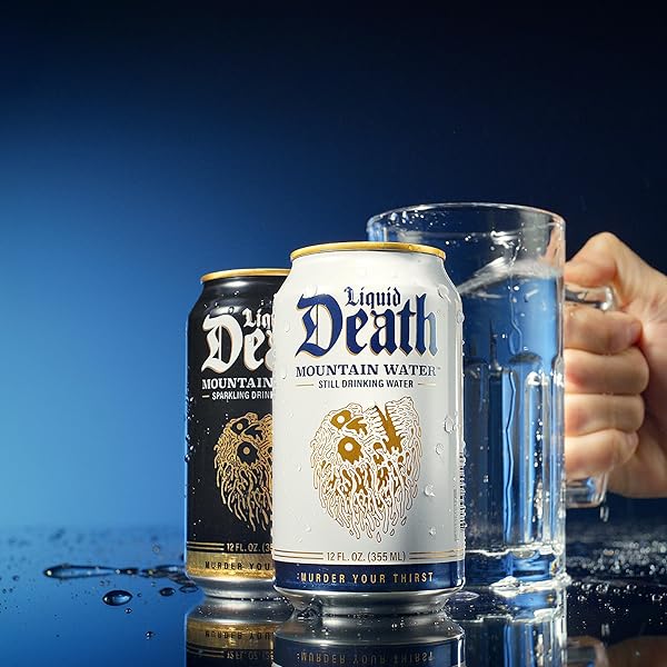 LIQUID DEATH, STILL MOUNTAIN WATER, 12-PACK (12OZ CANS), REAL MOUNTAIN SOURCE, INFINITELY RECYCLABLE ICE-COLD CANS, AMERICAN MADE