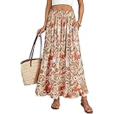 Rooscier Women's Floral Print Elastic High Waist Ruched A Line Long Skirts with Pockets