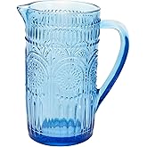Boston International Vintage-Inspired Glass Pitcher with Embossed Floral Pattern, 4.5" x 7.75", Sky Blue Codi