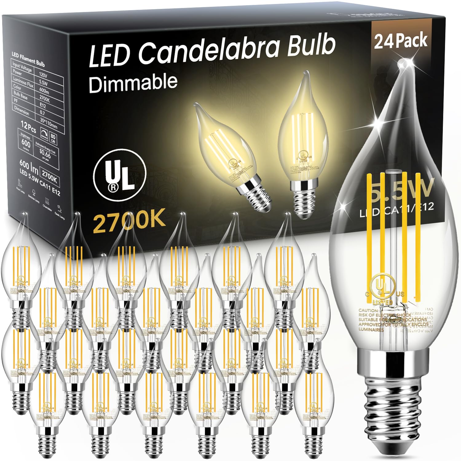 Photo 1 of TJOY LED Candelabra Bulb Dimmable, 60W Equivalent LED Chandelier Light Bulbs, 5.5W 2700K Warm White 600LM CA11 Flame Tip Vintage LED Filament Candle Bulb with Decorative E12 Candelabra Base, 24 Pack