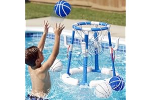 2 in 1 Pool Basketball Hoop Set with Ring Toss Game, Floating Basketball Toys with 4 Balls, 8 Rings & Pump, Summer Water Game