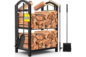 AMAGABELI GARDEN & HOME Firewood Rack Indoor with Tools 5-Piece Fireplace Tools Set Wood Holder Outdoor Wrought Iron Log Holder Firewood Storage Rack for Fireplace,Fire Pit,Wood Stove Black