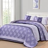 DJY Boho Quilt Set King Size Purple Bedspread 3 Pieces Lilac Bohemian Striped Patchwork Floral Coverlet Set Soft Microfiber Quilt Bedding Set for All Season (110''x90'')