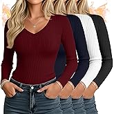 Sweetyweee 4 Pack Women's Thermal Shirts Long Sleeve Ribbed Cotton Tops V Neck Fitted Winter Undershirts Basic Base Layer