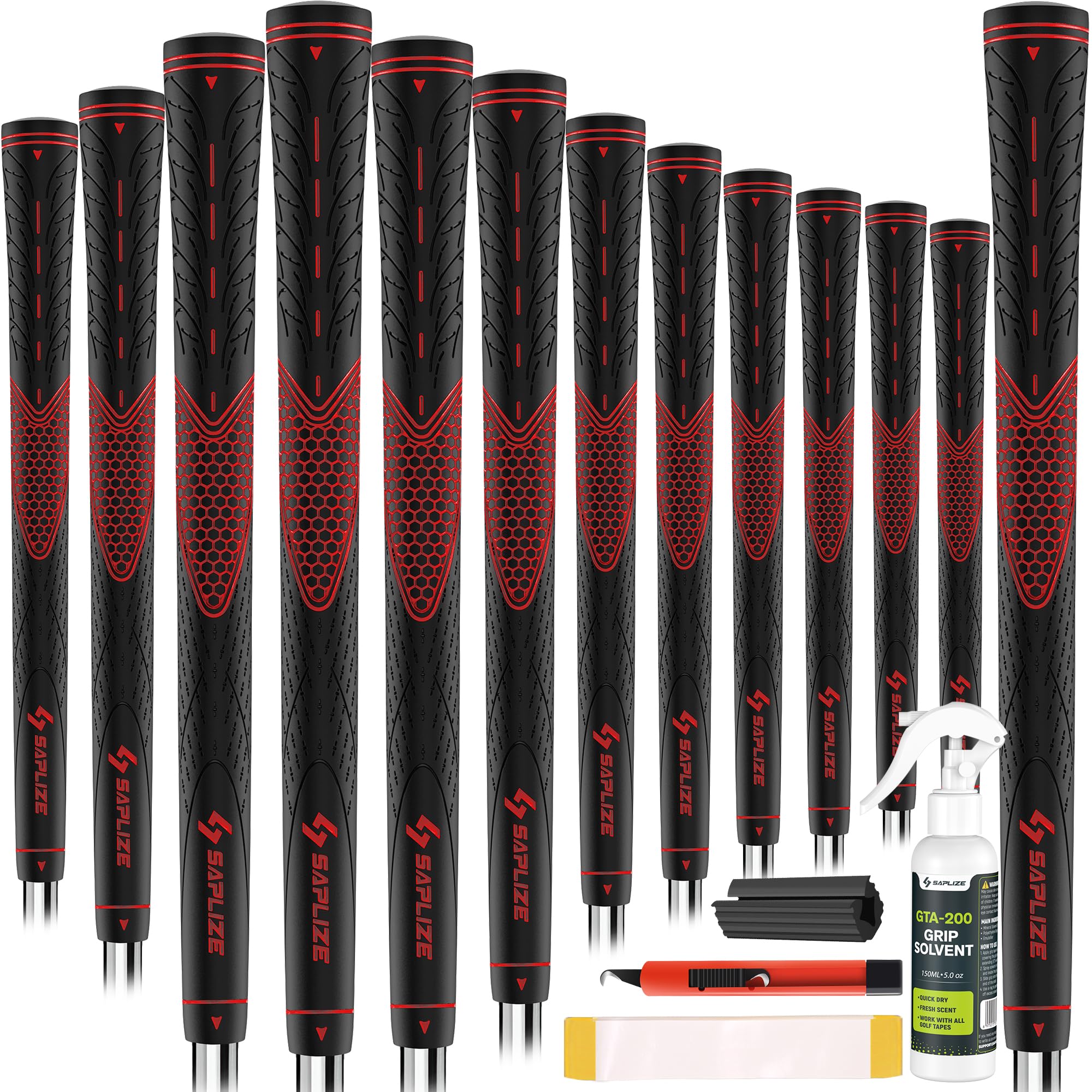 SAPLIZE CC01 Rubber Golf Grips, 13 Grips, 4 Colors Available, Standard/Midsize/Oversize Anti-Slip Rubber Golf Club Grips, Red, Oversize, 13 Grips with Full Solvent Kit