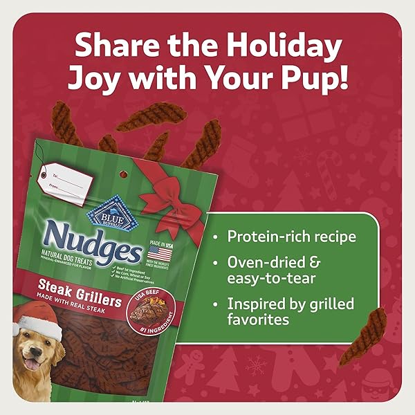 BLUE BUFFALO NUDGES STEAK GRILLERS, NATURAL HOLIDAY DOG TREATS, MADE IN THE USA WITH REAL BEEF, 5-OZ. BAG