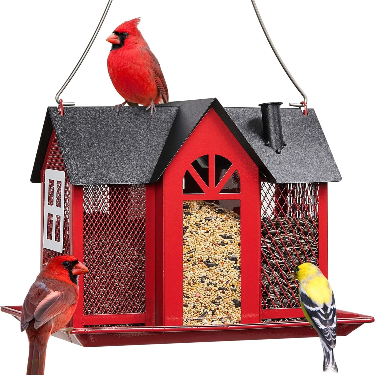 Backyard Birding & Wildlife - Kingsyard Bird Feeder House for Outside, Metal Mesh Wild Bird Feeder with Triple Feeders for Finch Cardinal Chickadee, Large Capacity, Weatherproof and Durable, Red