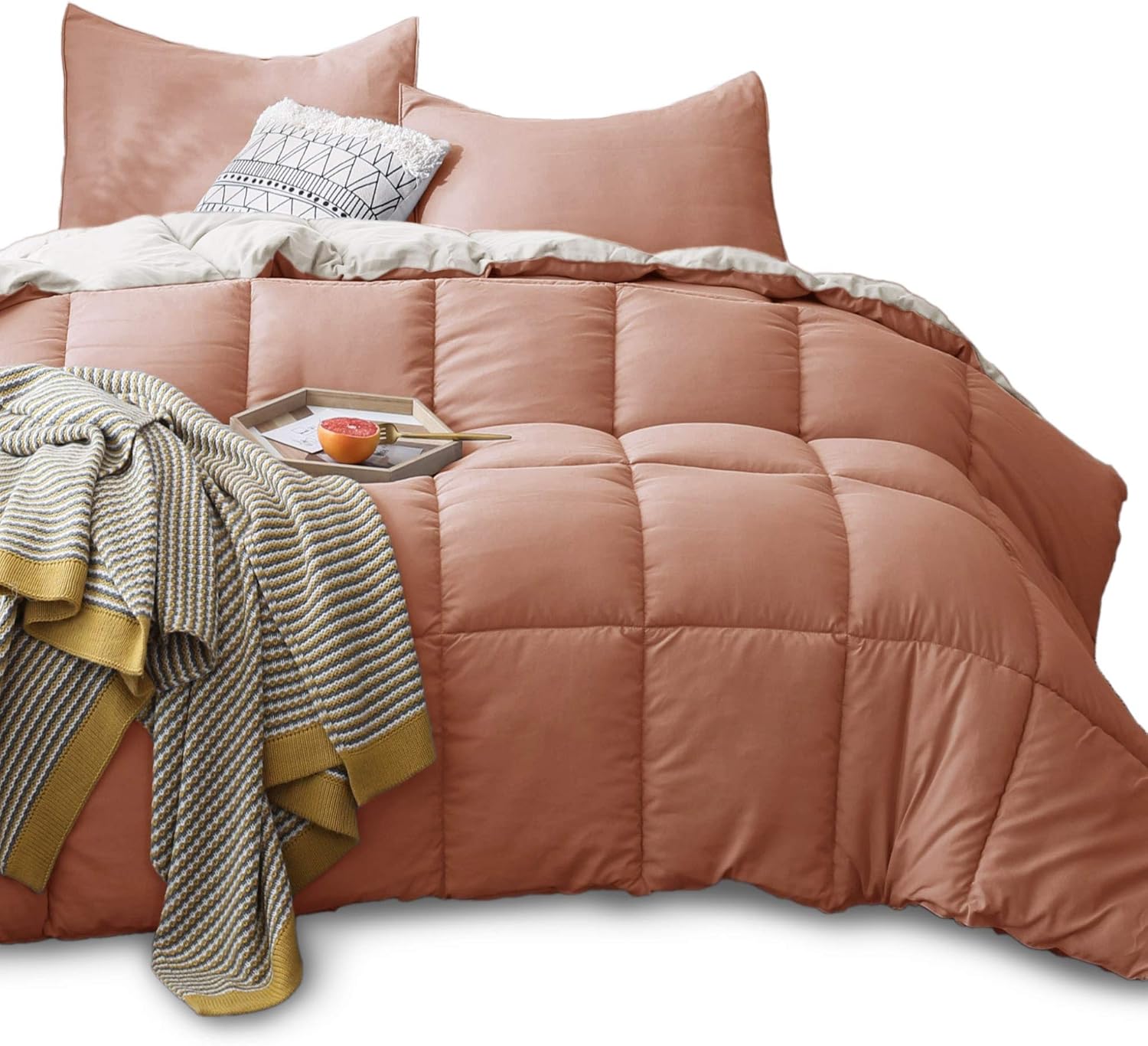 KASENTEX All Season Down Alternative Quilted Comforter Set - Hypoallergenic Duvet Insert - Machine Washable (Rose/Beige, King Set): Home & Kitchen