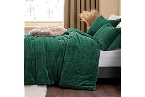 ChiXpace Fluffy Comforter King Set - Furry Green Leaves Pattern Faux Fur Bed Set, Winter Ultra Soft Fuzzy Comfort Set, Velvet Bedding Set for Bed with 2 Pillow Cases