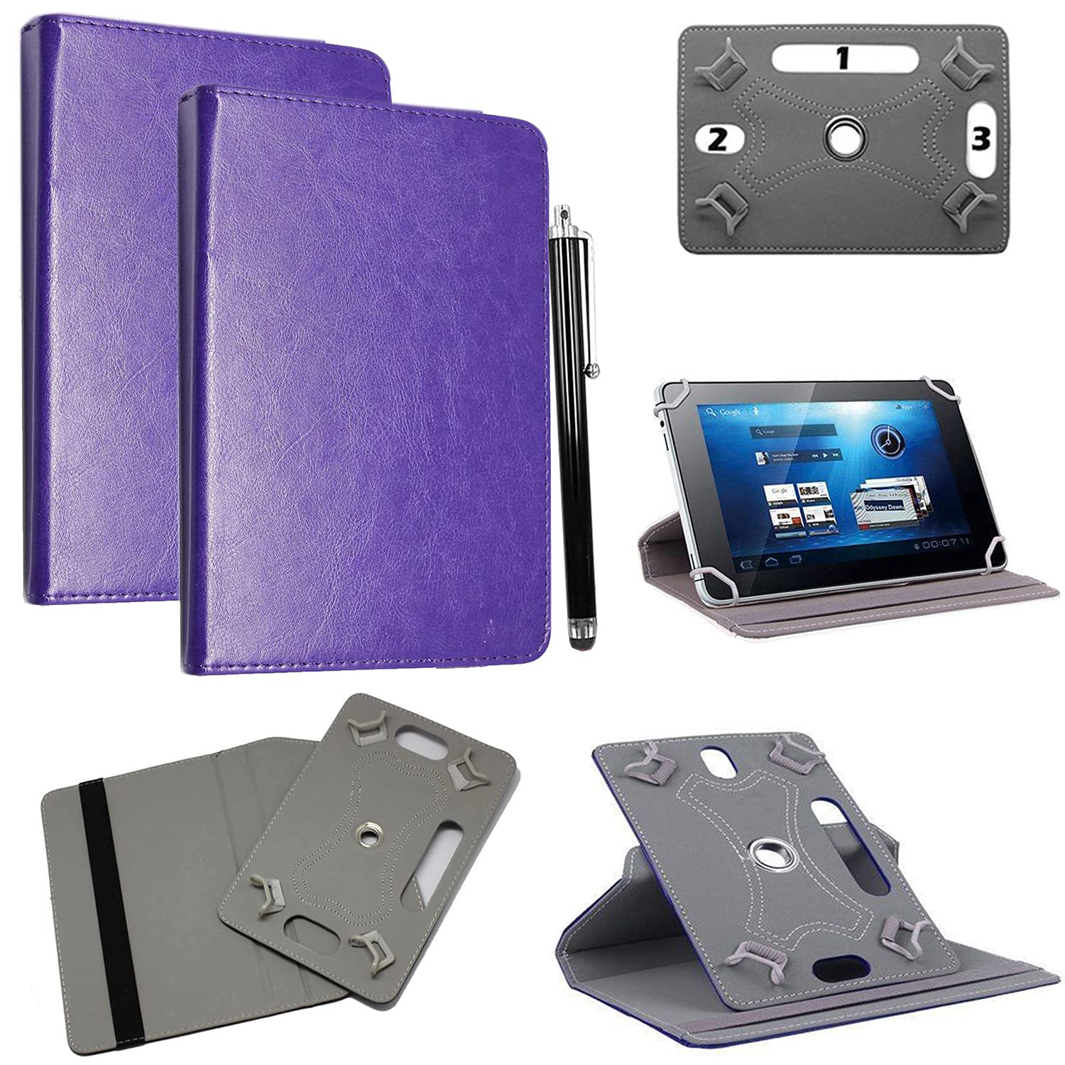 Universal 7 Inch Tablet Case Cover - Premium PU Leather 360 Degree Rotating Stand Folio Wallet Case + Free Stylus Pen (Purple)