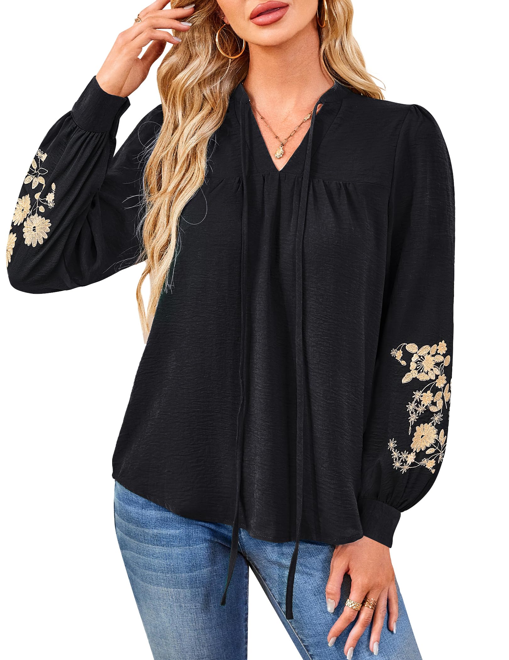 LOOKBOHO Women's Floral Embroidered V-Neck Puff Long Sleeve Casual Tops Fashion Boho Mexican Shirts Fall Blouses 2025 L