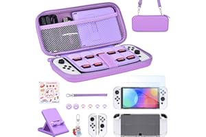 Younik Switch OLED Accessories Bundle, 15 in 1 Purple Switch OLED Accessories Kit for Girls Include Switch Carrying Case, Adjustable Stand, Protective Case for Switch Console & J-Con