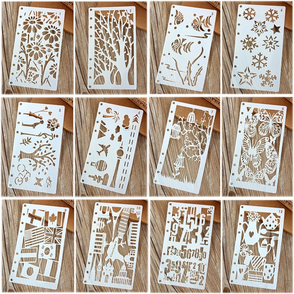 12 Pcs Drawing Painting Stencils Scale Template Sets for Diary Notebook 8-Ring Paper Inserts,Perfect for Children Creation,Scrapbooking,DIY Albums,Card and Craft Projects