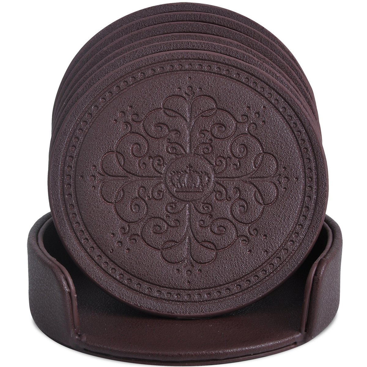Coasters Set,Classic Pattern Faux Leather Coaster Set of 6 with Holder