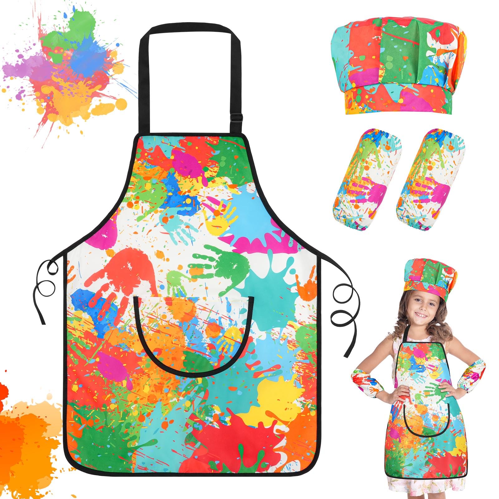 Ainiv Kids Painting Aprons Set, Toddler Painting Apron with Pocket and 2 Sleeves, 1 Hat, Adjustable Waterproof Children Artist Apron, Age 6-13 Years Boys and Girls for Craft, Drawing, Eating, Cooking