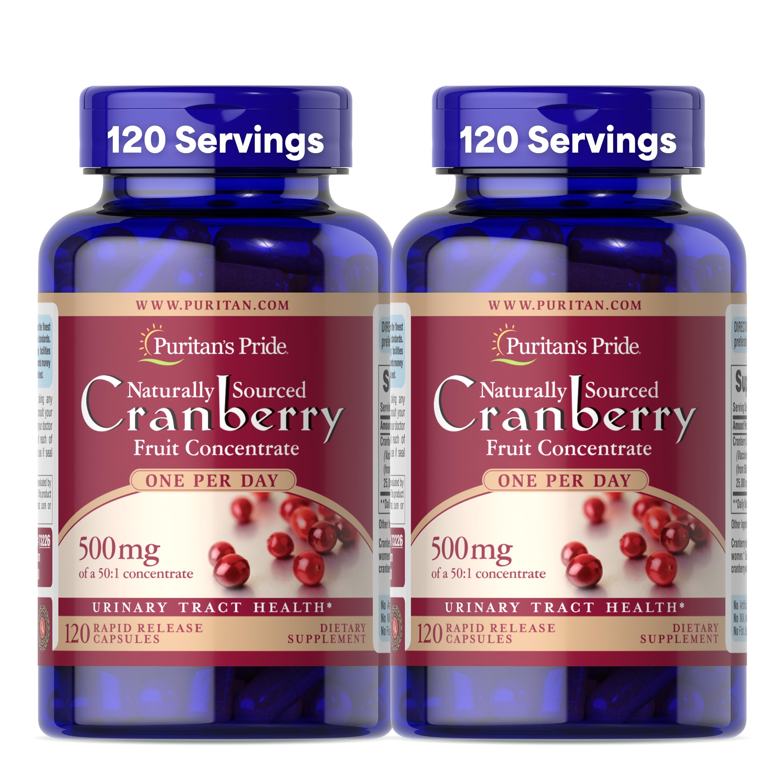 Puritan’s Pride Naturally Sourced Cranberry One Per Day Fruit Concentrate 500mg, 50:1 Dietary Supplement for Urinary Tract Support, 4 Month Supply, 120 Rapid Release Capsules, 2 Pack
