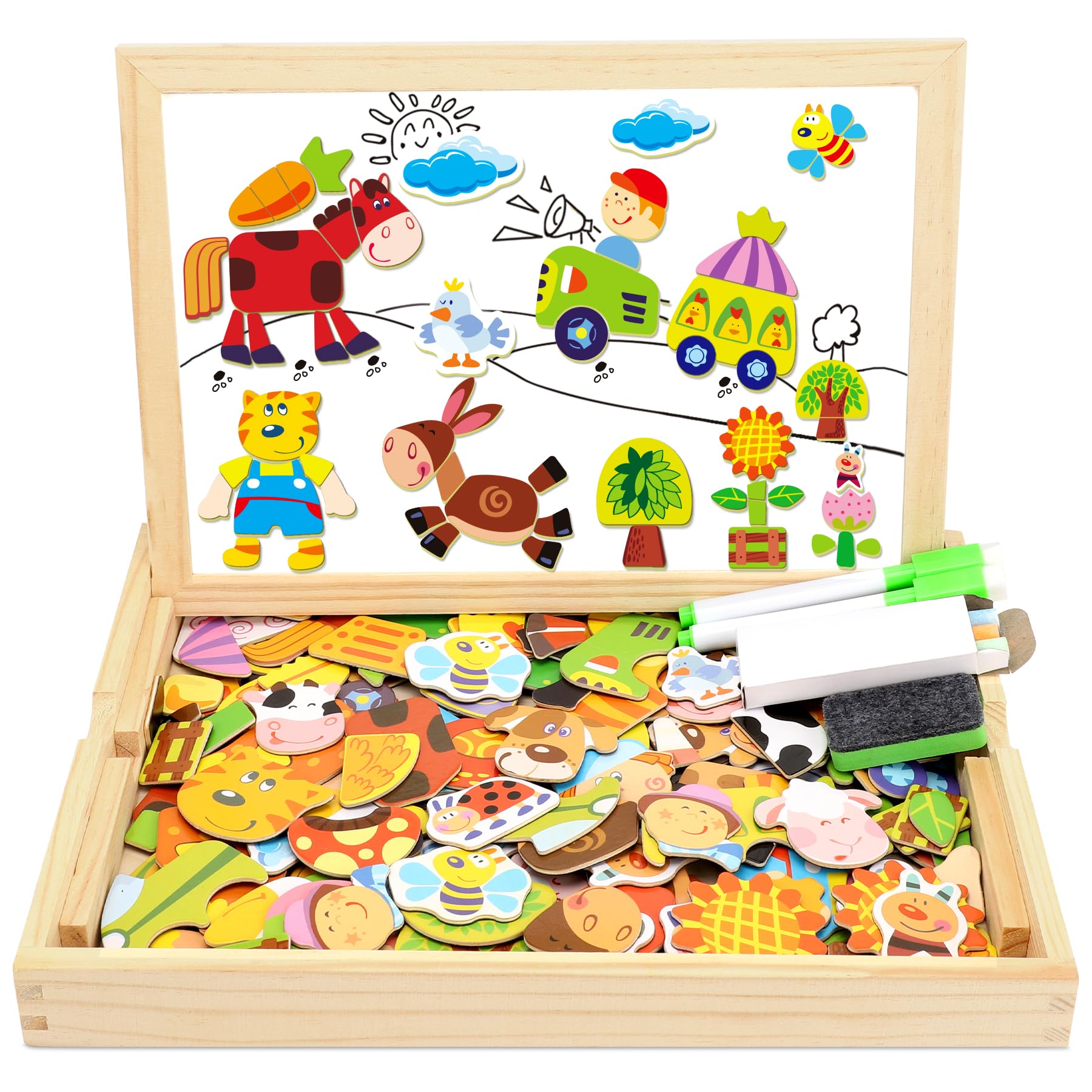 COOLJOY Wooden Magnetic Puzzle Jigsaw, Farm Animals Boards for Children, Double Sided Wooden Jigsaw, 100+ PCS Educational Drawing Blackboard Wood Toys For Kids Boys Girls 3 4 5 Years Old