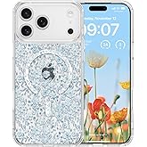 RALEAVO for iPhone 17 Pro Max Case Compatible with MagSafe Clear Floral Pattern Design Cute for Girls Women Slim Magnetic Hard Back Shockproof Phone Case for iPhone 17 Pro Max,Blue Flowers