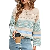 Libsorge Womens Cute Color Block Striped Sweater Winter 2025 Long Sleeve Lightweight Hollow Out Pullover Sweater