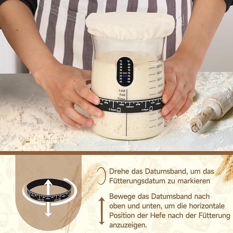Pro - Set de iniciación de masa madre de 1,5 l de cristal grande con 17 recetas, accesorio para iniciar masa madre para hornear pan y fermentación (2 unidades) — foto 6 de 8