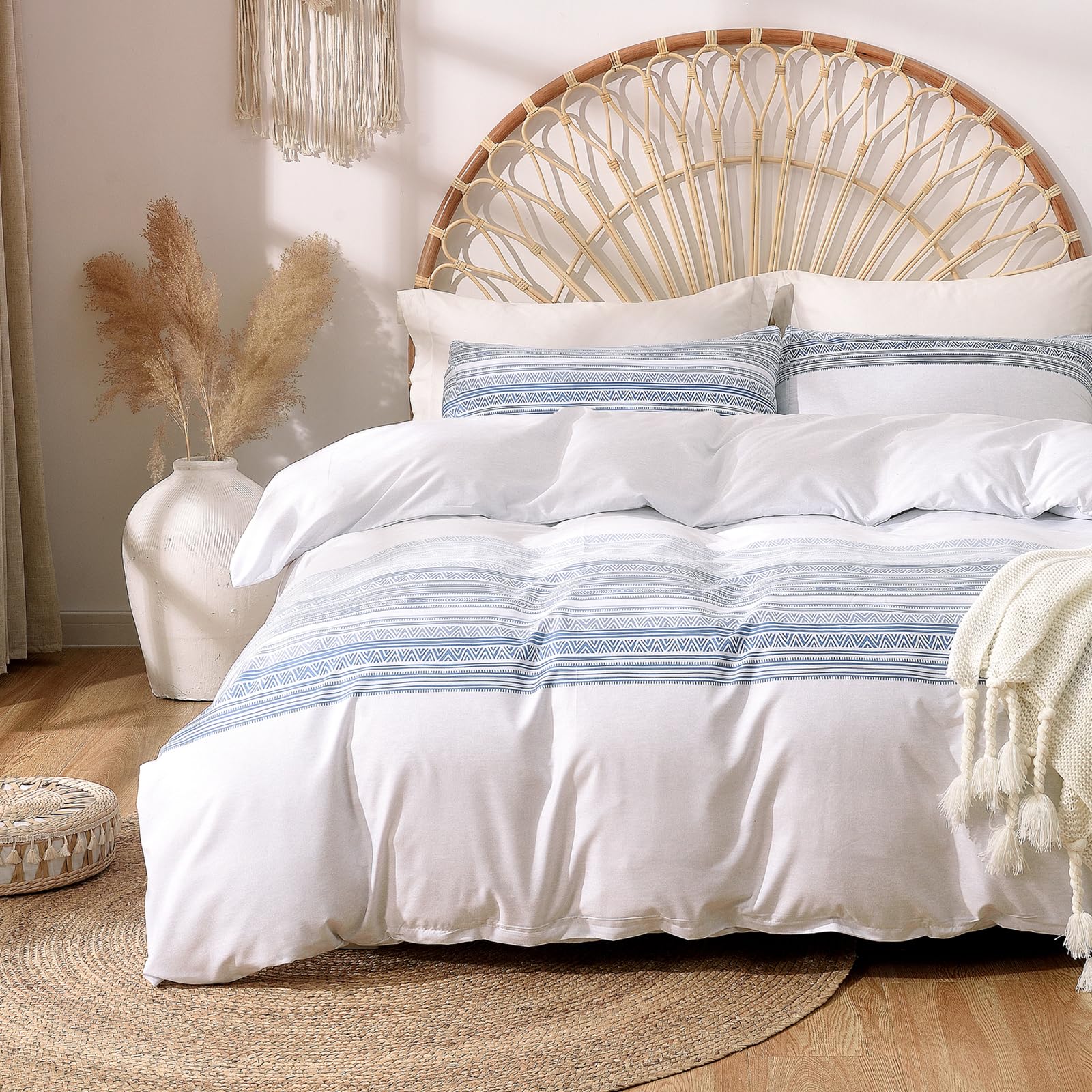 Lekesky Double Duvet Cover Set, Bohemian Blue Stripe Duvet Set (1x Duvet Cover, 2x Matching Pillowcase) Soft Microfiber Bedding Set 200x200 cm, White Blue