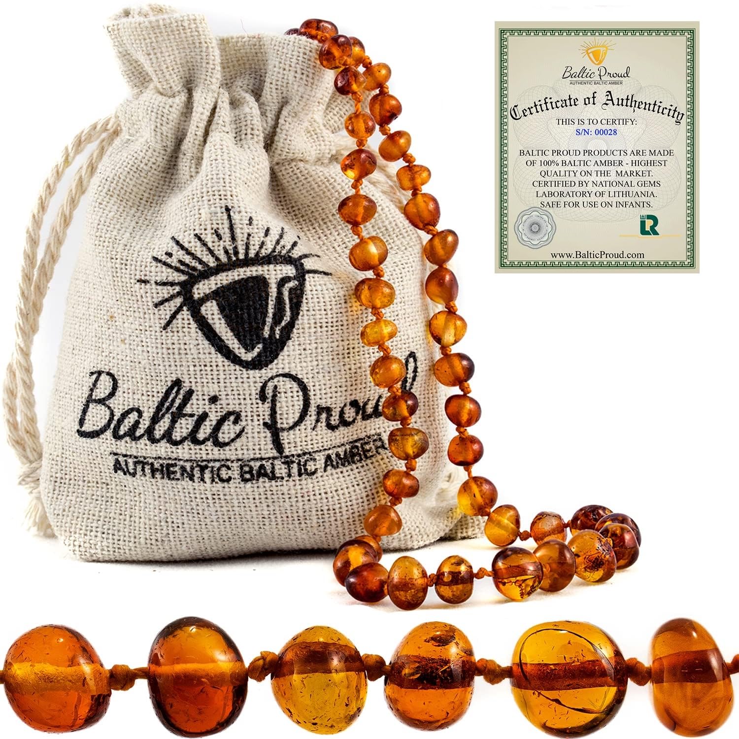 Photo 1 of ***FACTORY SEALED***Baltic Proud Amber Necklace (Unisex Cognac Polished 12.5 Inches) - Certified Premium Quality Raw Baltic Sea Amber