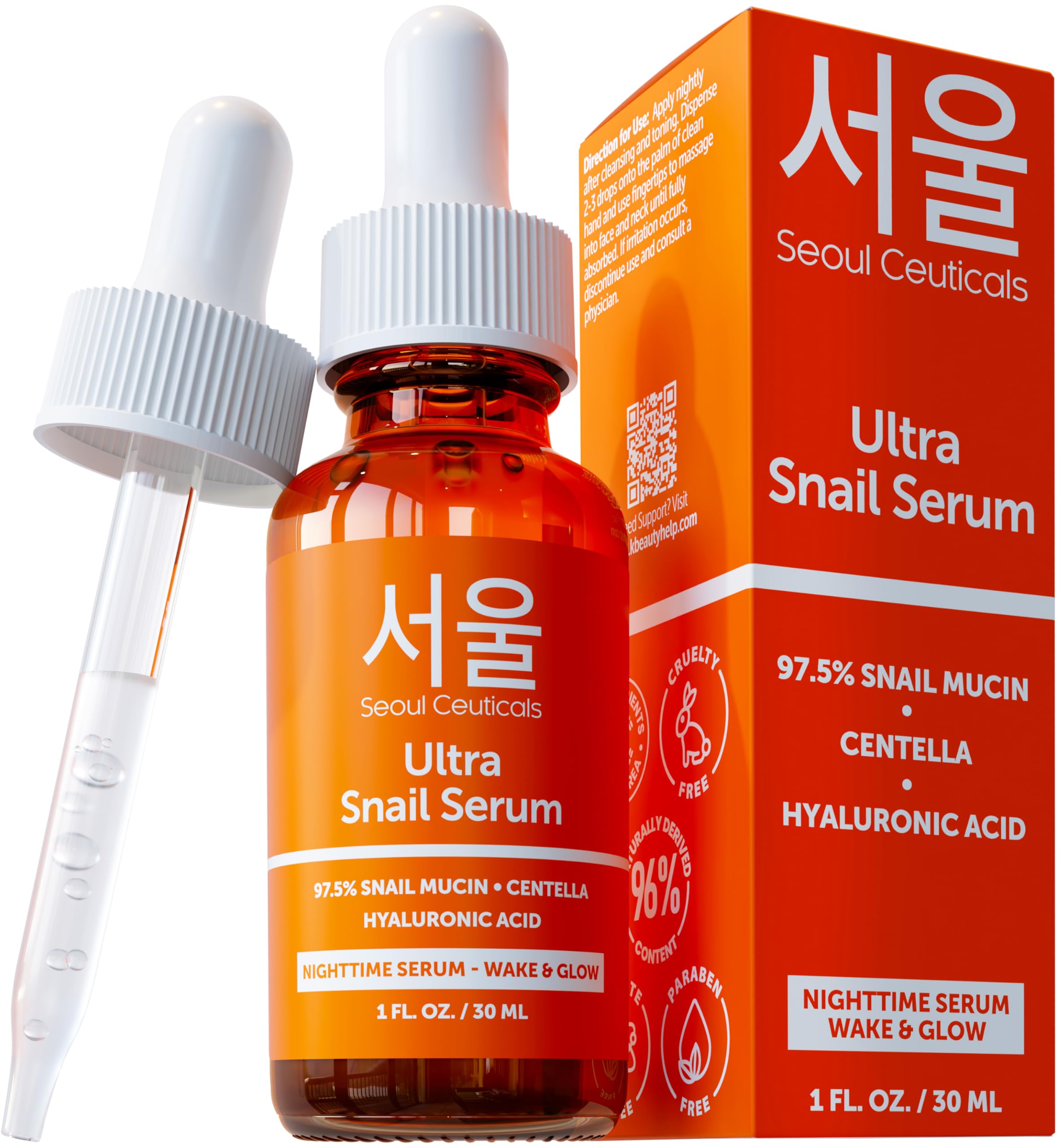SeoulCeuticals Korean Skincare Snail Serum - 97.5% Snail Mucin Night Serum - Anti-Aging, Anti Wrinkle Hyaluronic Acid Face Brightening Serum - K Beauty Skincare Centella Wake & Glow Serum - 30ml