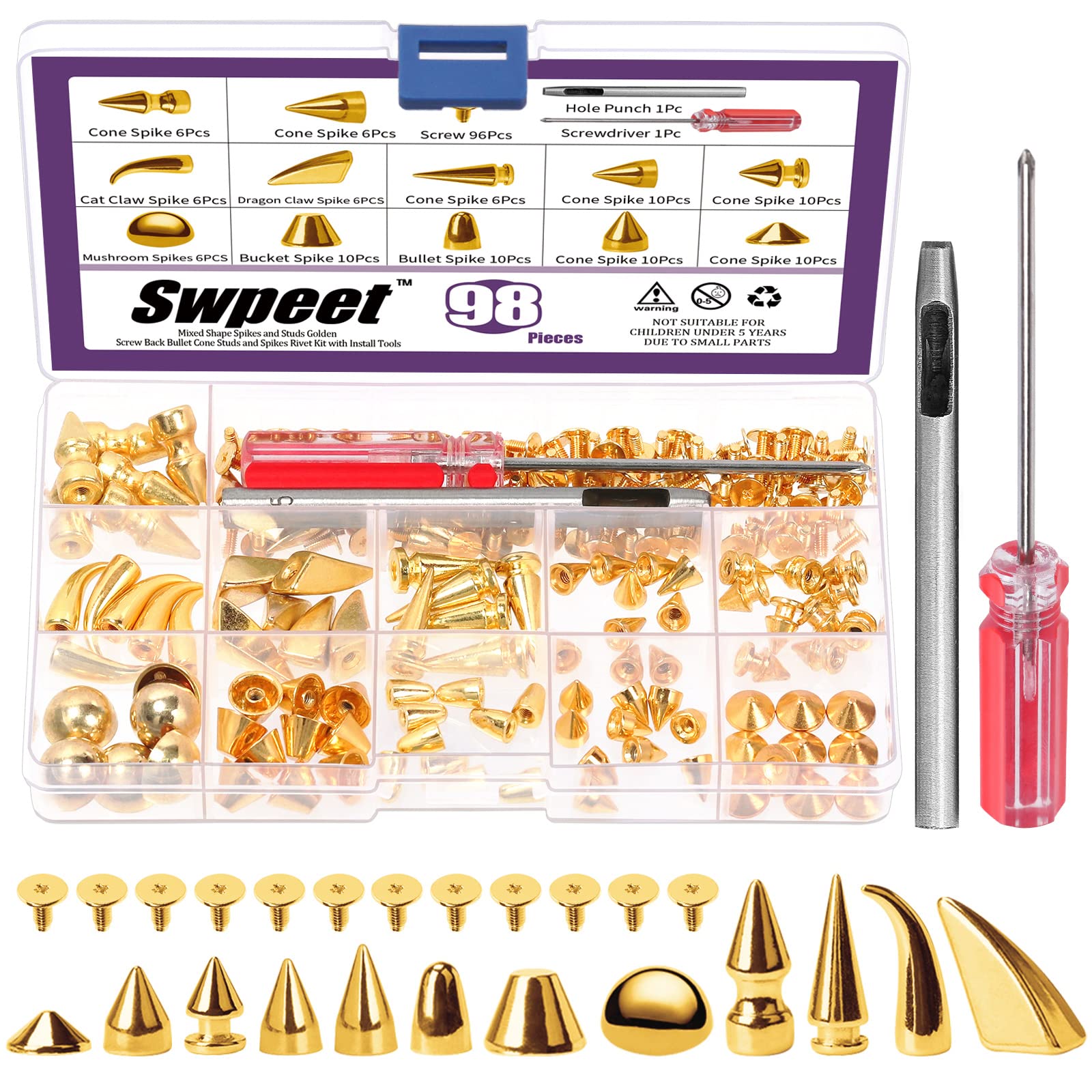 Swpeet 98Pcs Mixed Shape Spikes Screwback Studs Rivets Kit (Gold)