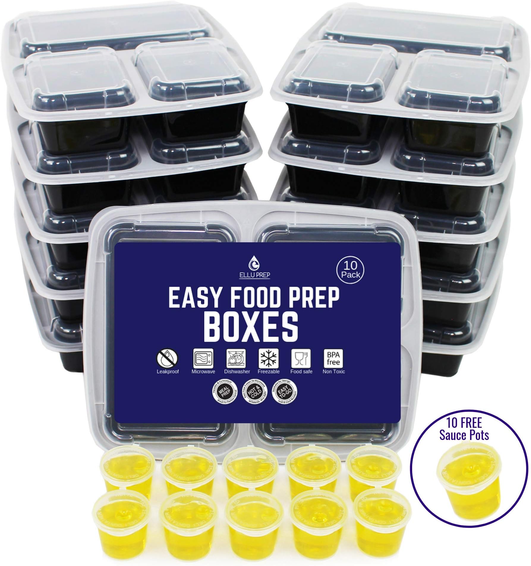 3 Compartment Meal Prep Container Reusable [10 Pack] Bento Box Containers With Lids | BPA Free | Leakproof/Microwavable/Dishwasher Safe | Meal Prepping for Portion Control. Free 10 Sauce Pots + eBooks