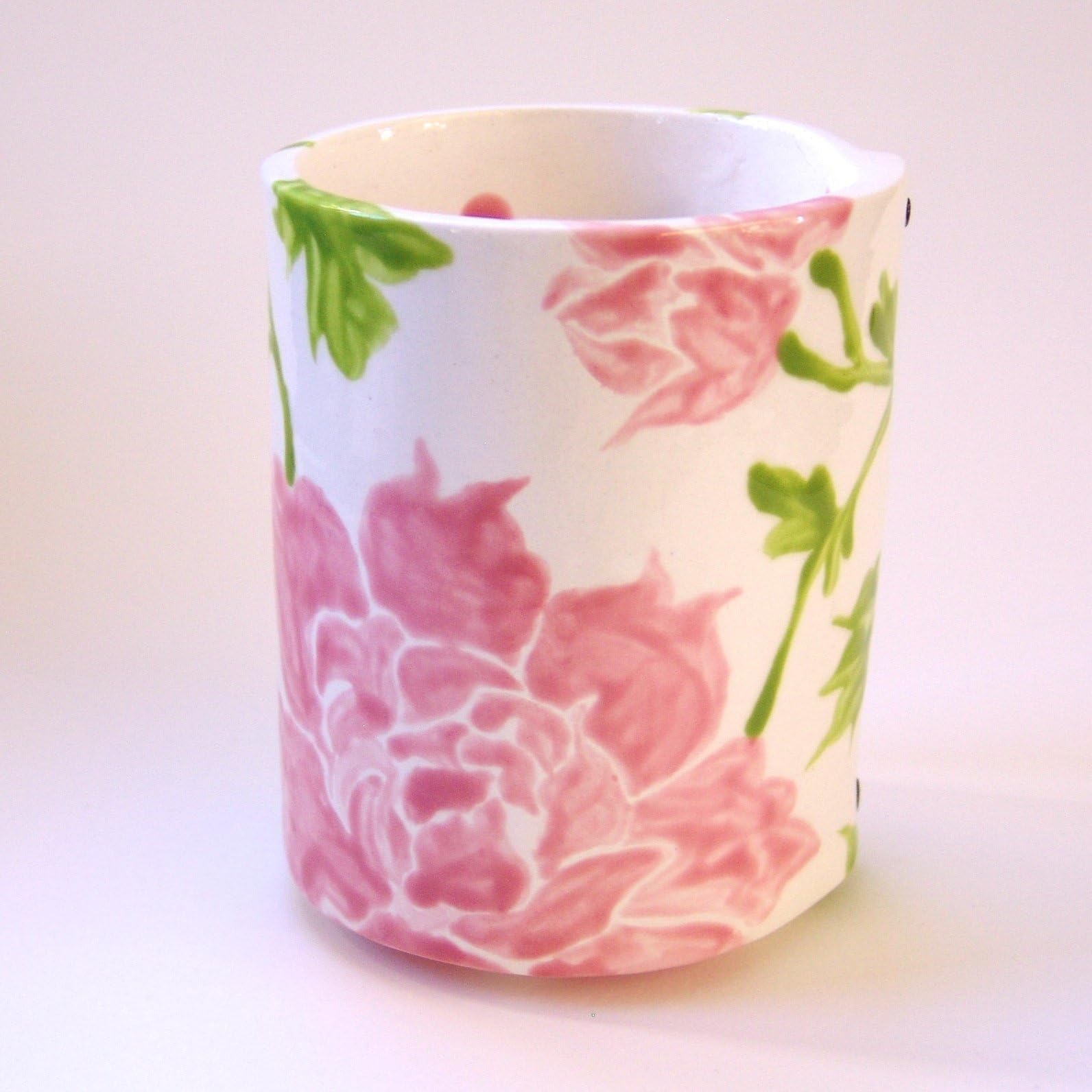Pink Peony pottery Vase or Utensil Holder