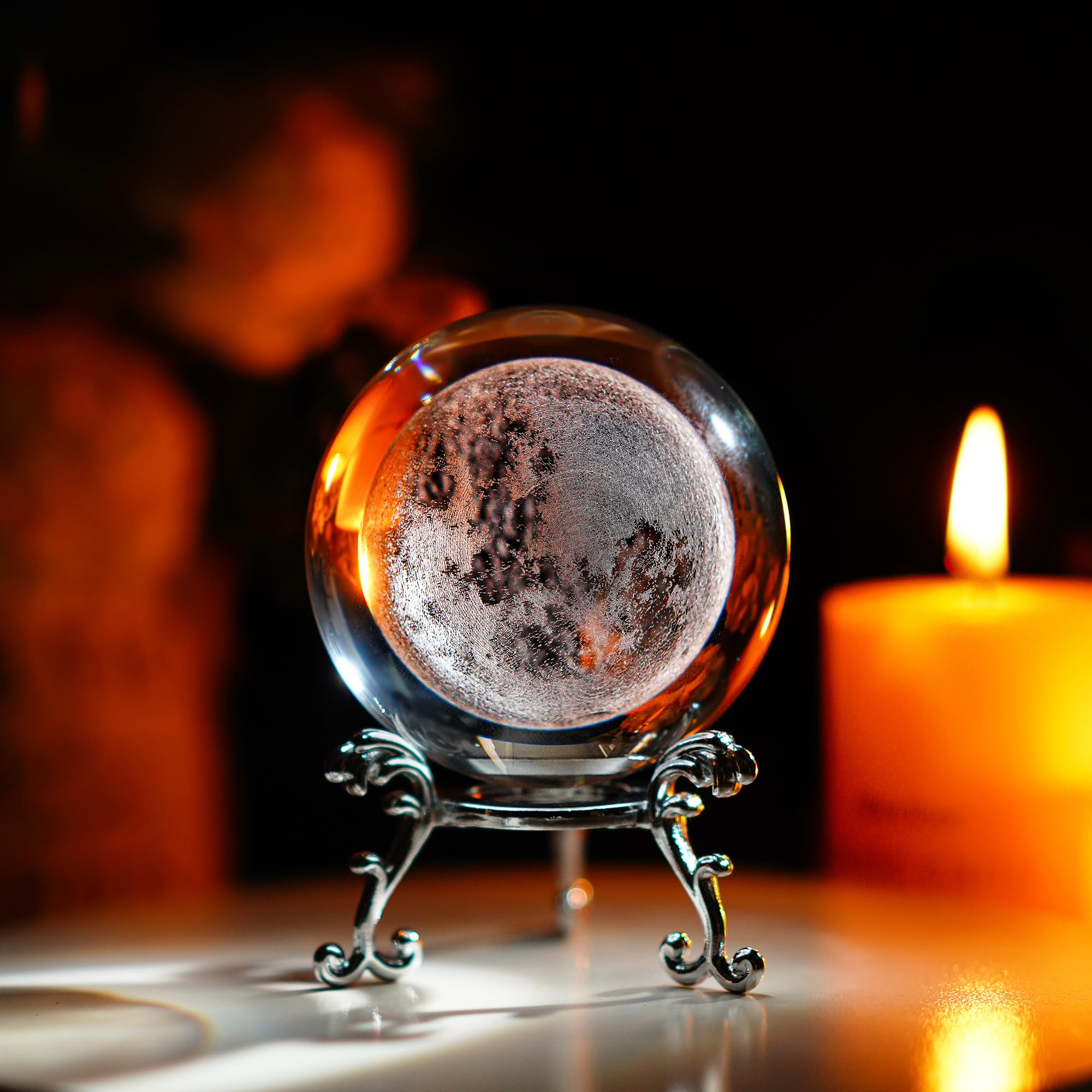 H&D HYALINE & DORA 60mm(2.3inch) Moon Clear Crystal Ball Paperweight 3D Laser Engraved Glass Ball with Stand for Table Office Decor — image 1