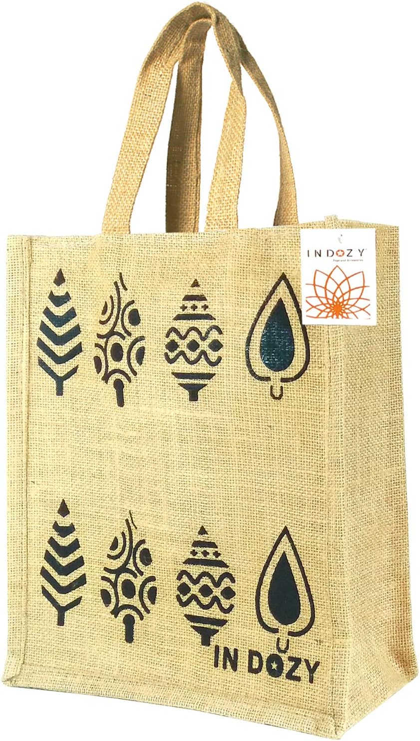 INDOZY Laminated Jute Lunch Bag with Zip and Bottle Holder Spoon Pockets for Men and Women (10x12x5-inch, Beige Leaf)