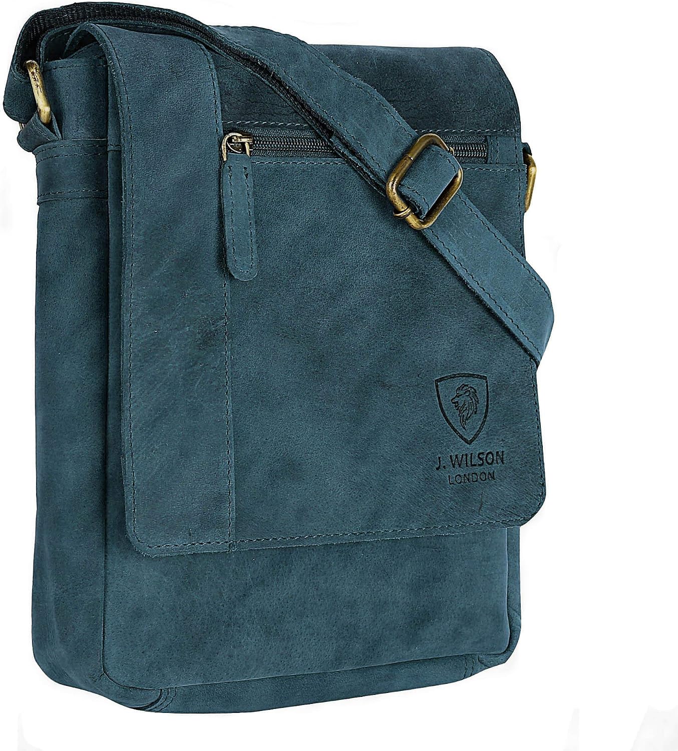 J. Wilson London 100% Pure Genuine Real Vintage Hunter Leather Handmade Mens Leather Flapover Everyday Cross-Body Shoulder Work Messenger Bag (Distressed Blue) - Image 3