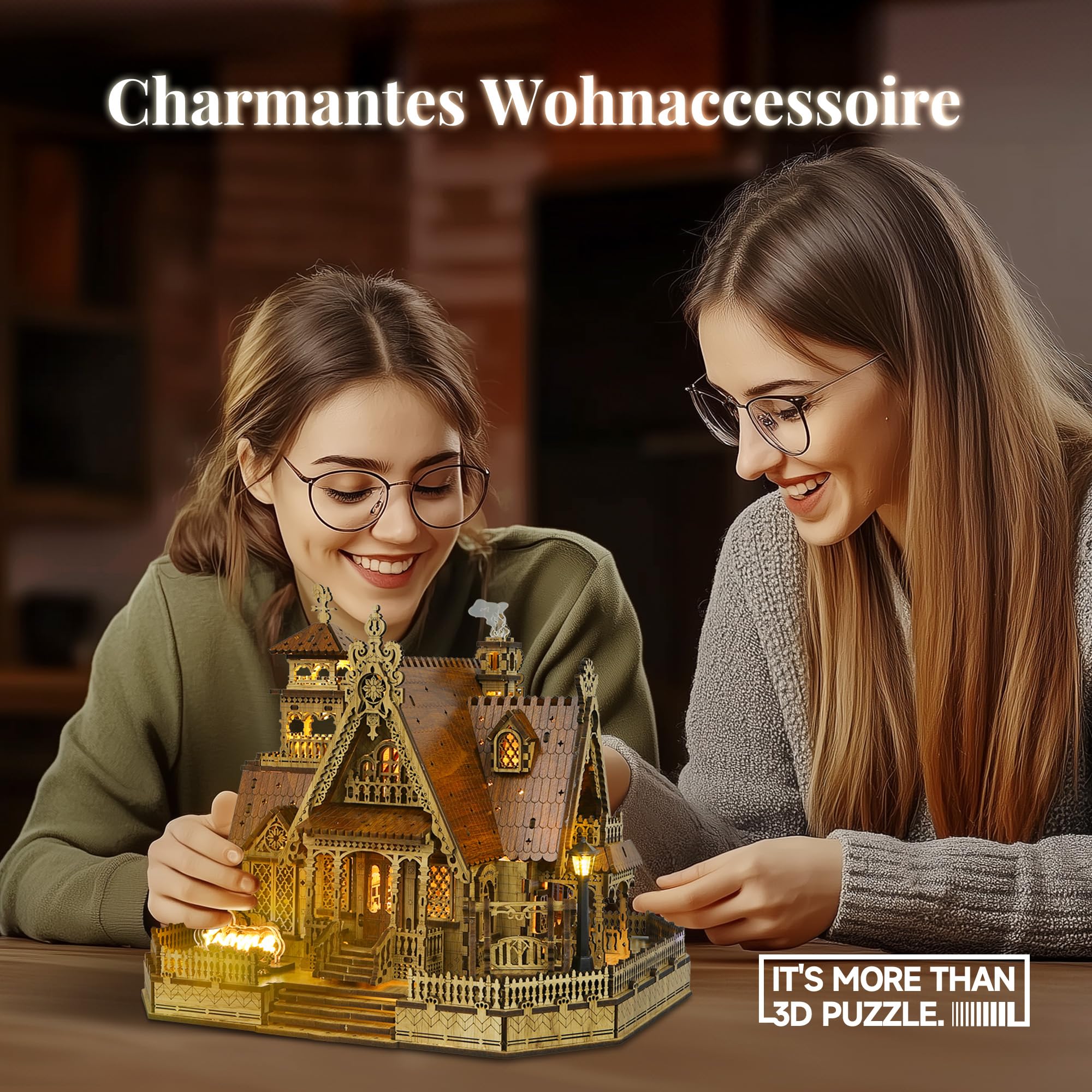 FUNPOLA LED 3D Holzpuzzle für Erwachsene - DIY Miniatur-Bausatz mit LED-Blitz - Erwachsene 3D Handmade Rustic Architecture Home Decor Geschenk (Rural Cottage) 6