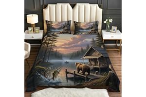 Zoainuos Cabin Wildlife Decor for Bedroom, Bear Hunting Fishing Sheets Queen Bed Sheet Set, Soft Microfiber Deep Pocket Wrink