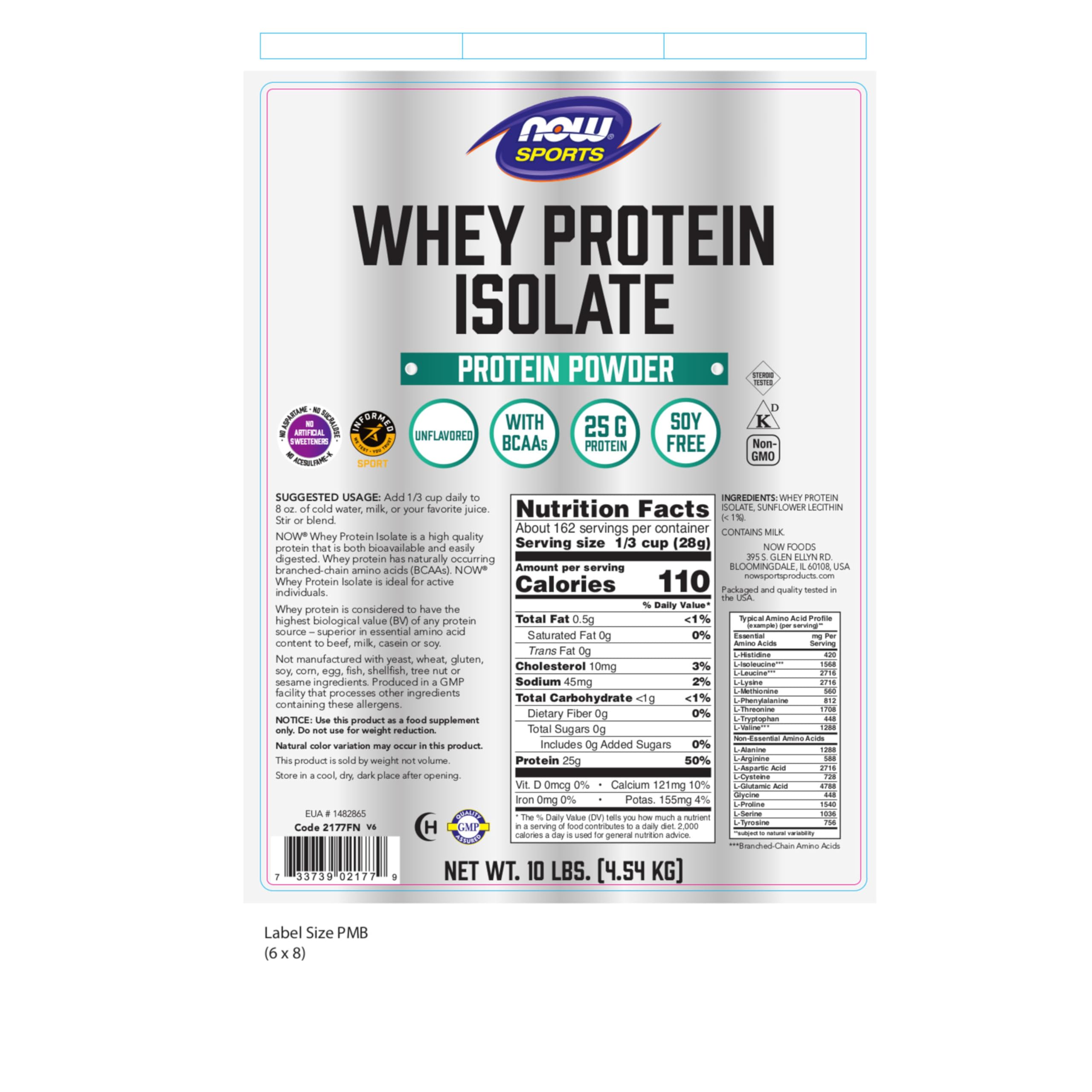 NOW Foods Sports Nutrition, Whey Protein Isolate, 25 g With BCAAs, Unflavored Powder, 10-Pound