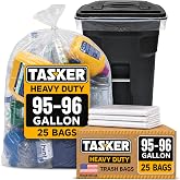 Tasker 95-100 Gallon Clear Trash Bags Heavy Duty, Recycling Plastic Bags | Cart Fit, Wide &amp; Long | Leak &amp; Tear Resistant | 25 w/Ties | Extra Large Clear Plastic Bags | Clear Bags, Garbage Bags