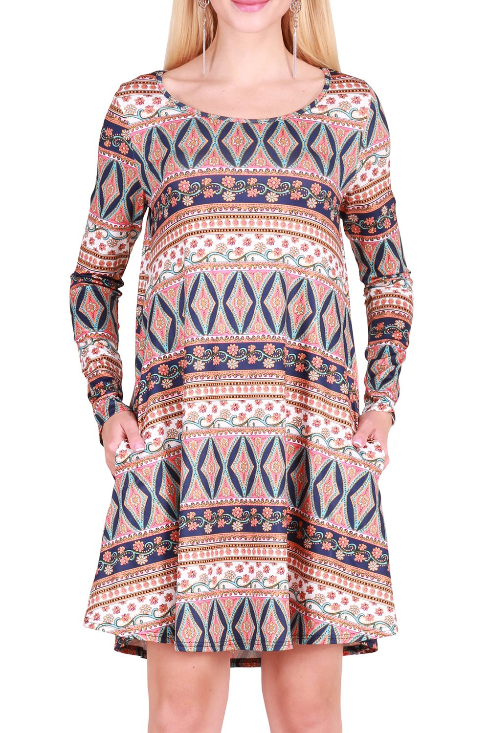 DawnRaid Womens Long Sleeve Midi Dress with Pockets Swing Midi Sweater Dresses Floral M