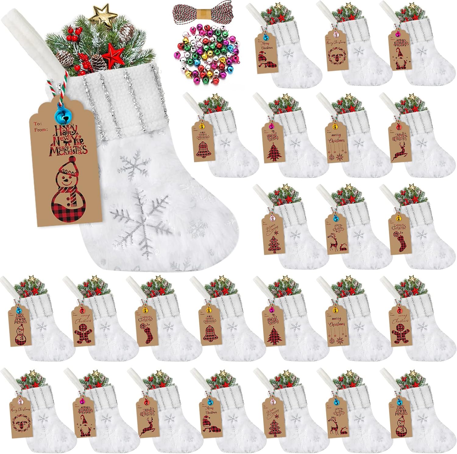 Stockings & Holders - Glimin 24 Set Mini White Christmas Stockings Set 6 Inch Faux Fur Xmas Hanging Stocking Small Plush Xmas Stocking with Sequin Snowflake Christmas Kraft Gift Tags (Silver, Simple)