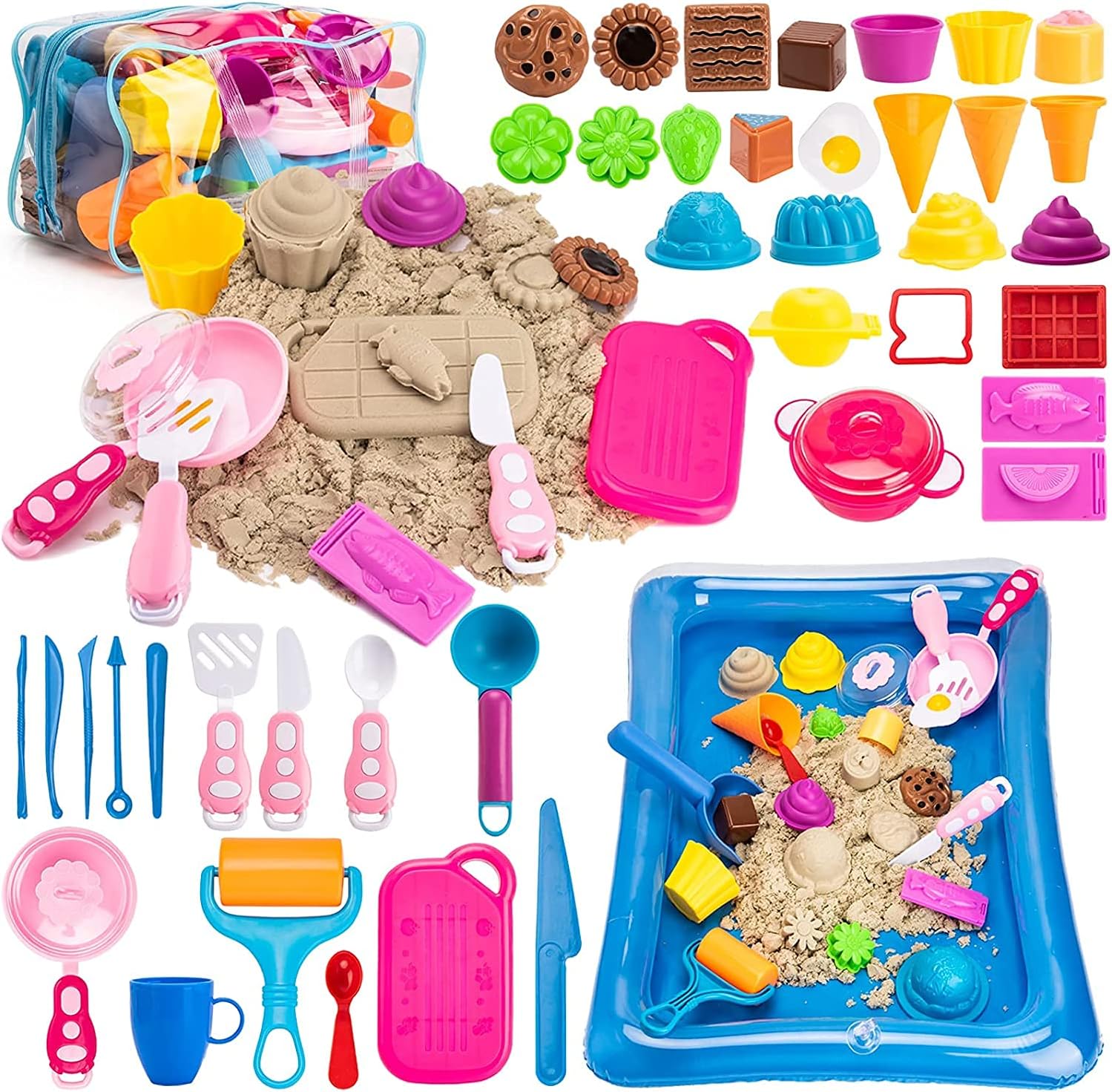 PRDLIMG Play Sand for Kids, Ice Cream Set,3lbs Magic Sand, Food Sand Molds Tools, Play Sand kit, Sand Tray and Storage Bag, 44PCS Sandbox Toys Set for Outdoor Tots