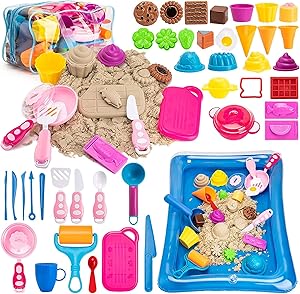 PRDLIMG Play Sand for Kids, Ice Cream Set,3lbs Magic Sand, Food Sand Molds Tools, Play Sand kit, Sand Tray and Storage Bag, 44PCS Sandbox Toys Set for Outdoor Tots