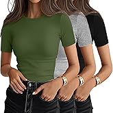 Ficerd 3 Pack Women's Ribbed T-Shirts, Cotton Short Sleeve Basic Tees Crewneck Fitted Tops Casual Shirts 2026 Summer Trendy