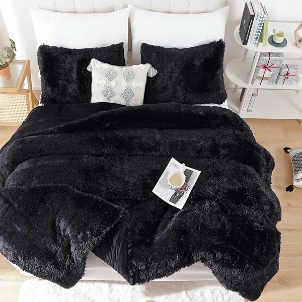 SMOOFY FLUFFY KING SIZE COMFORTER SET, FAUX FUR BLACK COMFORTER SET, LUXURY FUZZY KING BEDDING SET, SOFT SHAGGY BED SET FOR ALL SEASON, 3 PIECES – 1 COMFORTER & 2 PILLOWCASES,